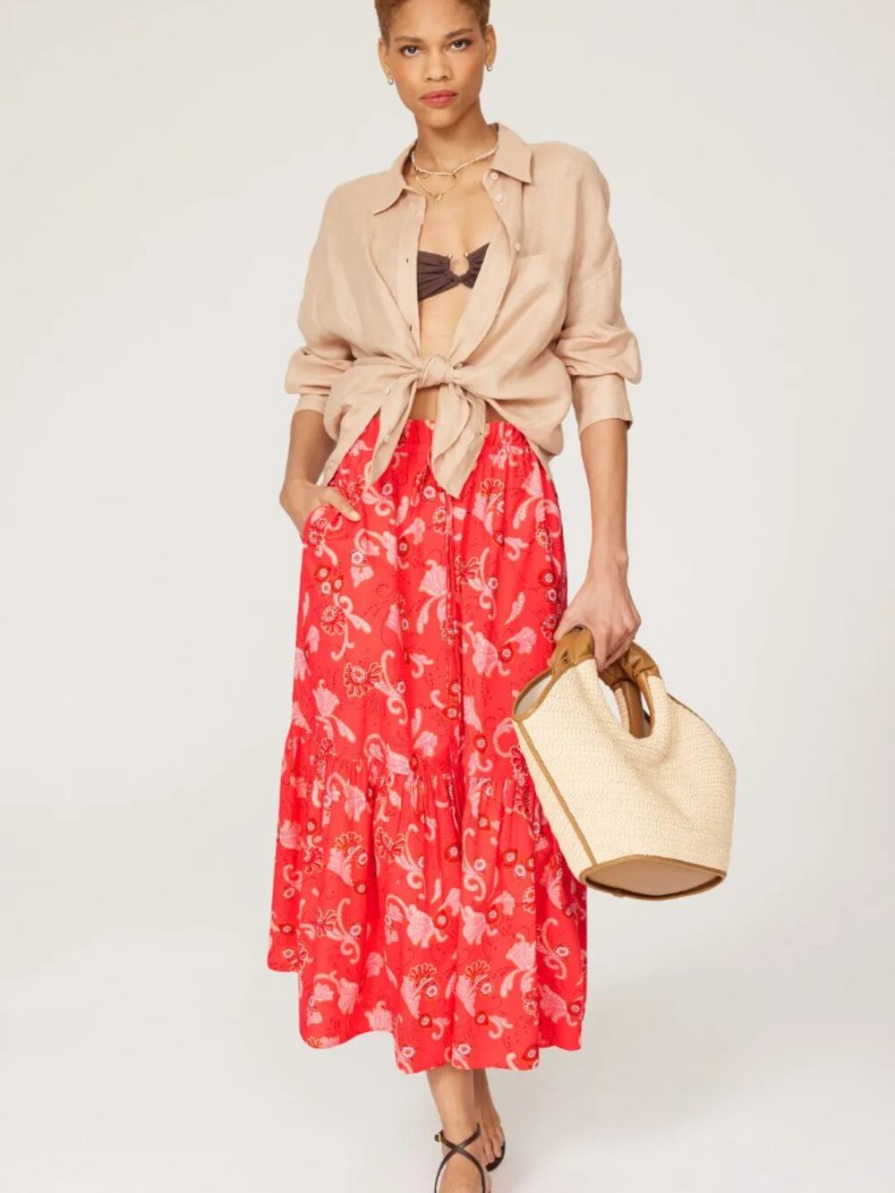 A.L.C. Francis Tiered Paisley Floral Maxi Skirt in Red / Pink, Size 4